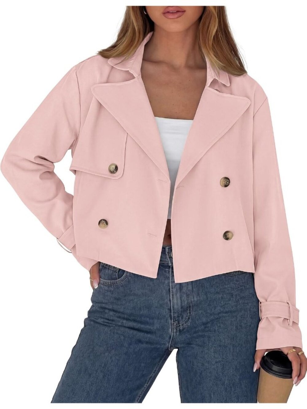 Women’s Pink Long Sleeve Double Breasted Office Casual Cropped Short Jacket